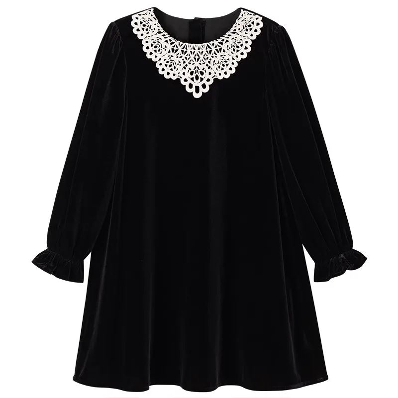 2024 Fall Childern Clothing Girl\'s Dress New Long Sleeve Lace Peter Pan Collar Long Sleeve A-line Swing Dress