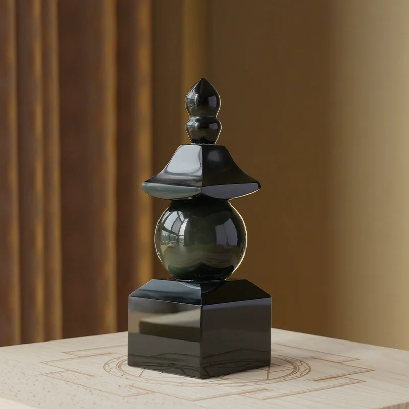 

Natural Obsidian Five-Element Pagoda with Rainbow Eye&Sarira Seal,Buddhist Tower Home Altar Entrance Decor for Fortune Blessing