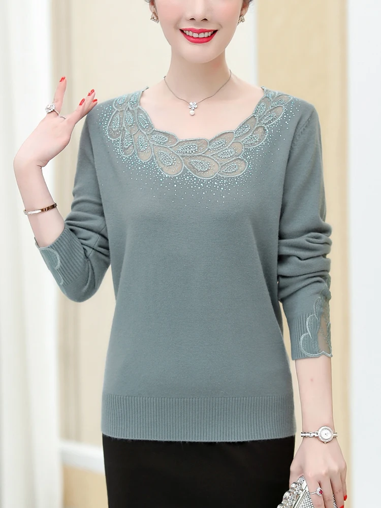 

Hollow Lace Neck Sweater Woman 2025 Spring Autumn Korean Fashion Pullover Femme Womens Clothing Long Sleeve Top Sweaters