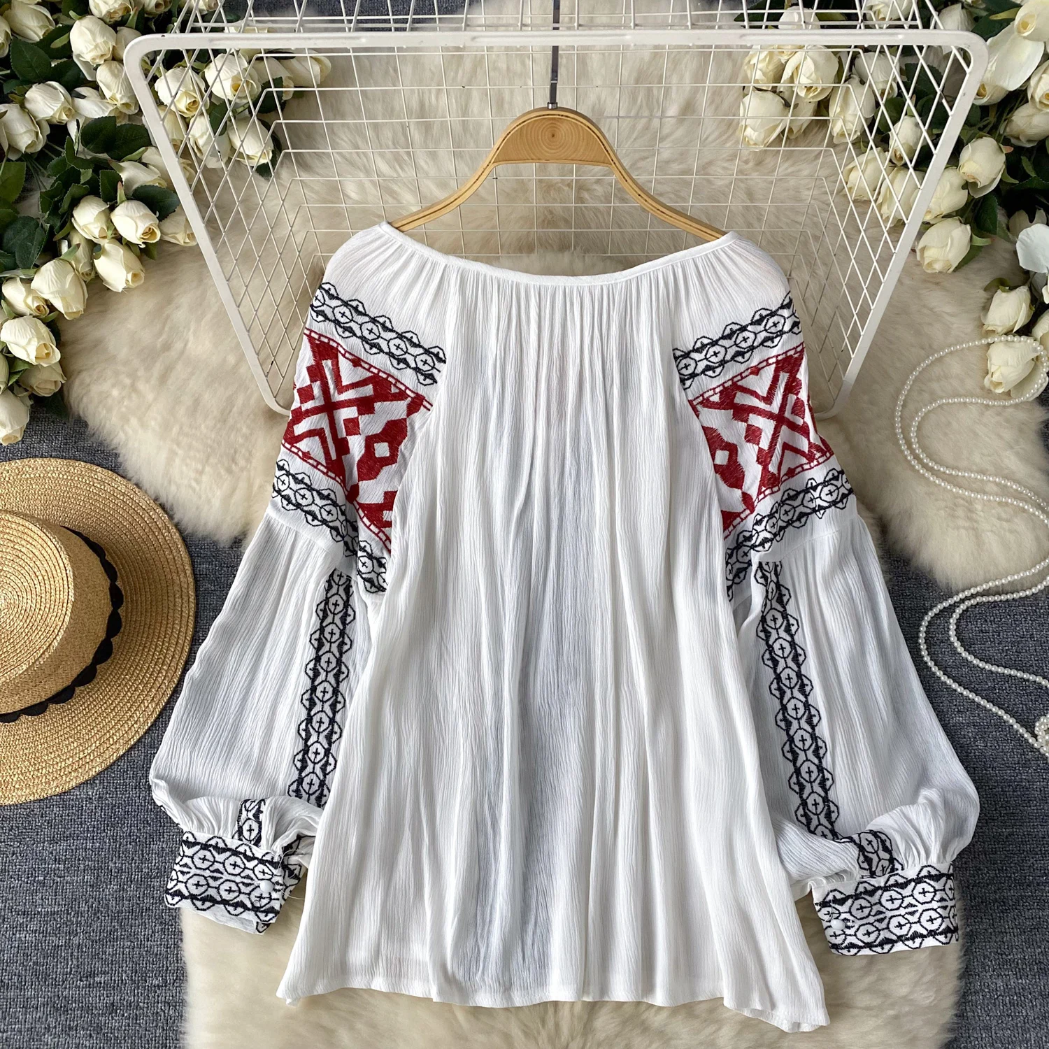 Vintage Elegant Embroidery lantern sleeve Blouse Fashion loose  Shirt  Casual Chic Top Fairy  Summer chiffon Women