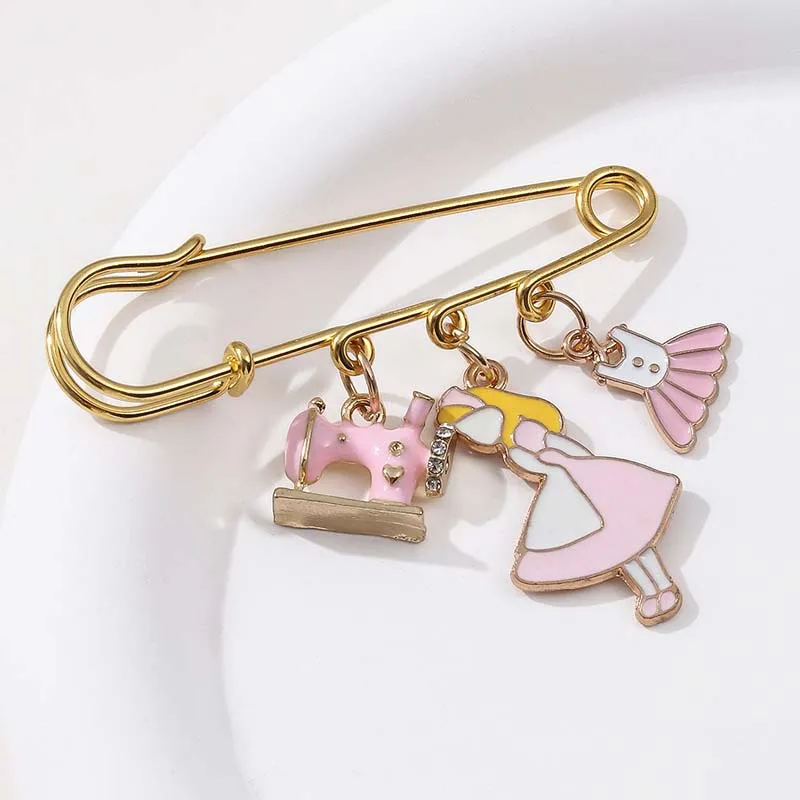 Pink Cute Little Girl Alloy Brooch Dripping Oil Skirt Sewing Machine Clothes Anti Slip Accessories Bag Pendant Badge