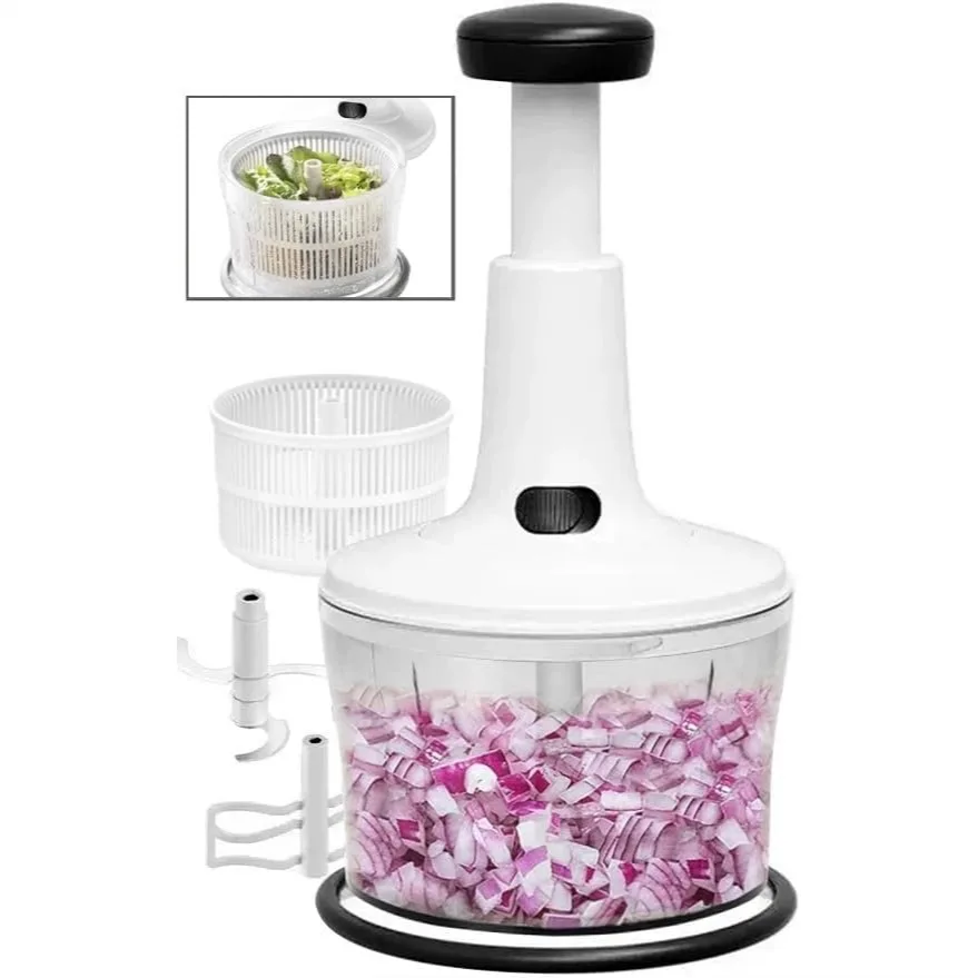 

Manual Food Processor - Hand Chopper & Salsa Maker with Stainless Steel Blades, Onion Dicer, Salad Spinner, Vegetable Chopper