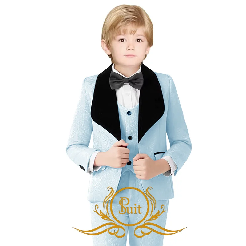 Jacquard Boy Suit Black Velvet Lapel Kids Wedding Tuxedo Party Formal Blazer Vest Pants 3 Piece Suit Child Floral Jacket