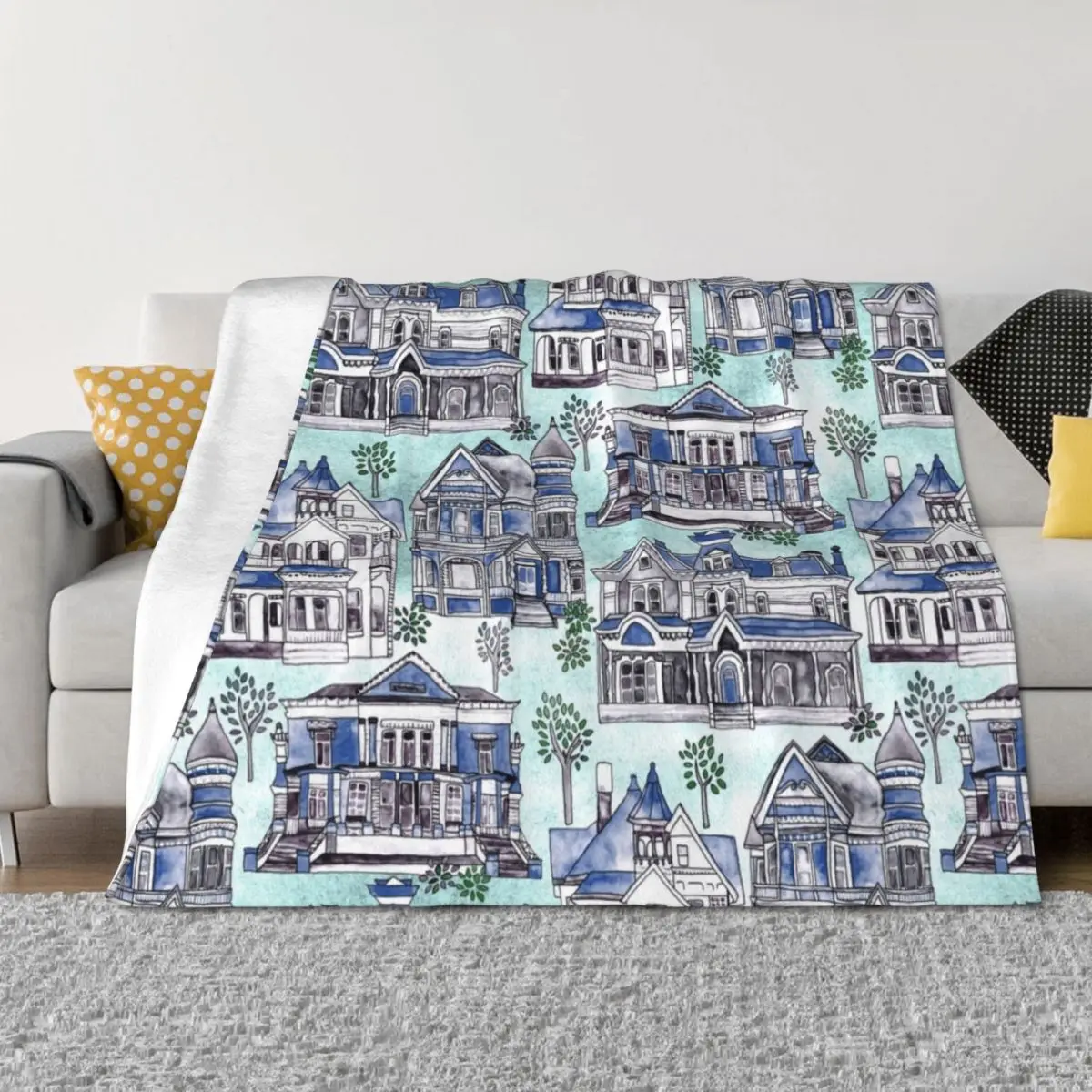 

Blue Watercolor Victorian Houses Throw Blanket Large Plaid Sofa Throw Personalized Gift Blankets