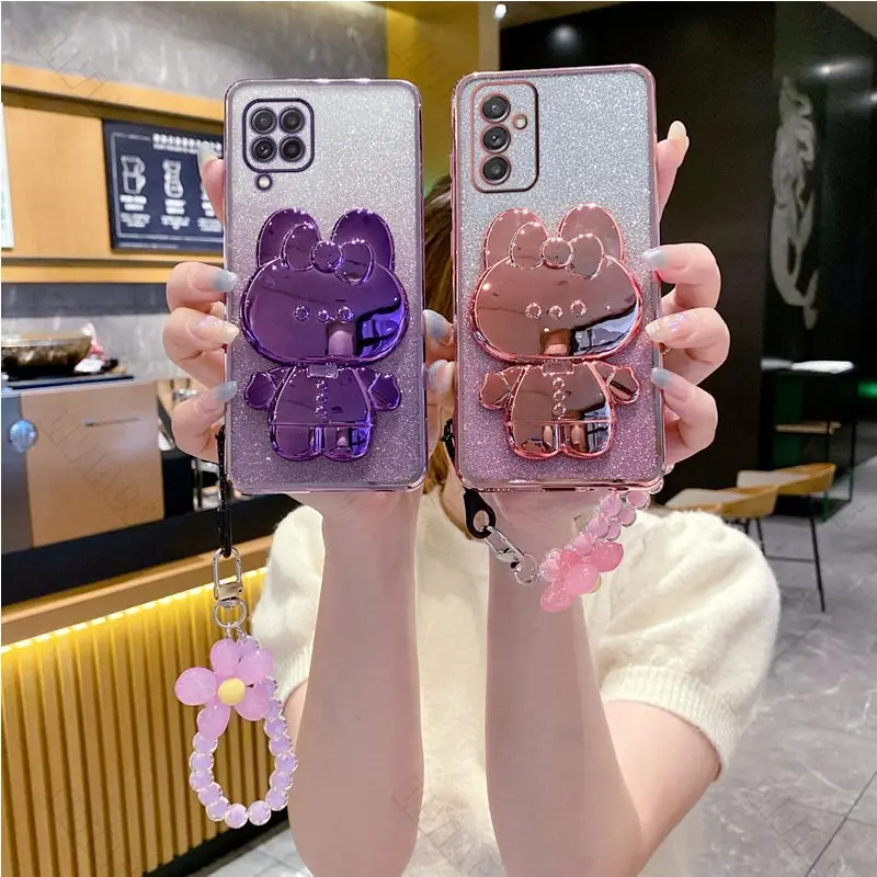 Flower Strap Mirror Rabbit Phone Holder Case On For Samsung Galaxy A34 A71 A51 A31 A11 A24 A54 A50 A20 A30 A03 A02 Stand Cover
