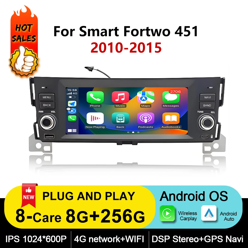 Car Display Screen for Smart Fortwo 451 2010-2015 Android OS Multimedia Radio Player DSP Stereo GPS Navi Wireless Carplay WiFi