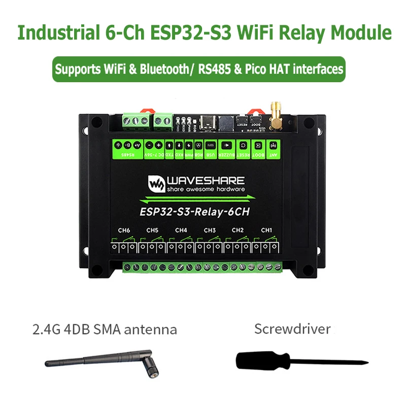 Industrial 6-Channel ESP32-S3 WiFi Relay Module IOT WiFi Bluetooth RS485 Control Pico HAT interface Built-In Protection Circuits