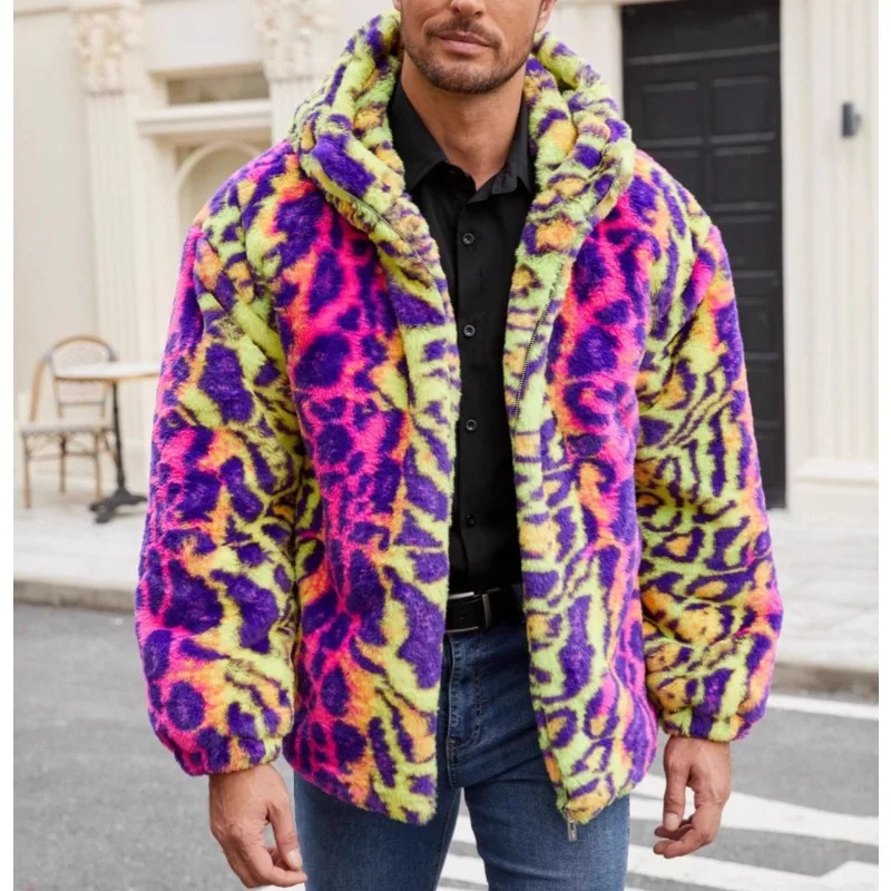 

Coat Bestseller for Men's Clothing Faux Fur Color Leopard Print Jacket with Plush Color Contrast Warm Thick Leopard Print Jacket