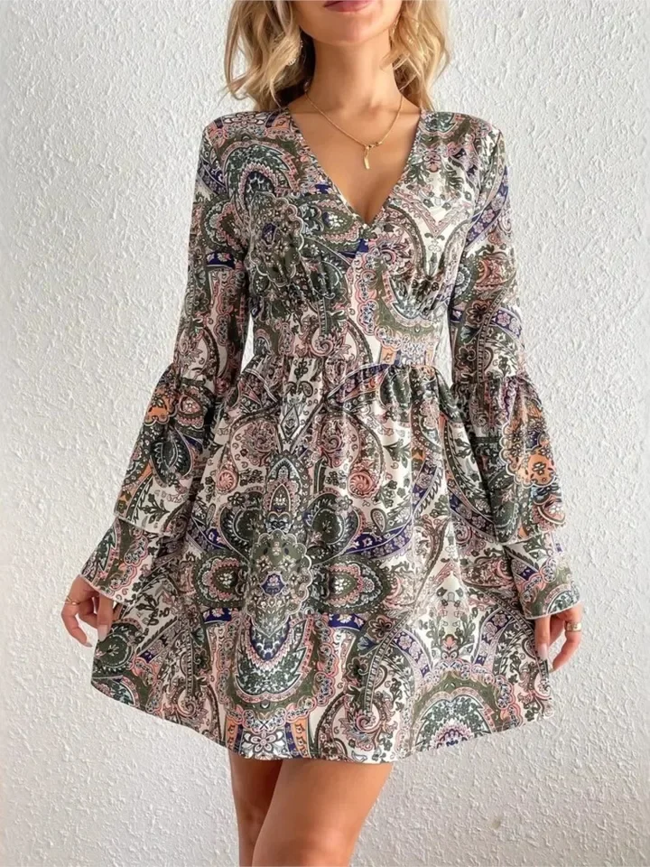 

Fashion Print Ruffles Loose Dress For Women Casual Long Sleeve V Neck Pullover Dresses Robe Femme Boho Holiday Womens Clothing
