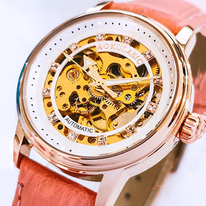 Ladies Hollow Diamond Automatic Mechanical Watch Luminous 30m Water Resistant Genuine Leather Strap Screw Crown Simple Watch - view 2