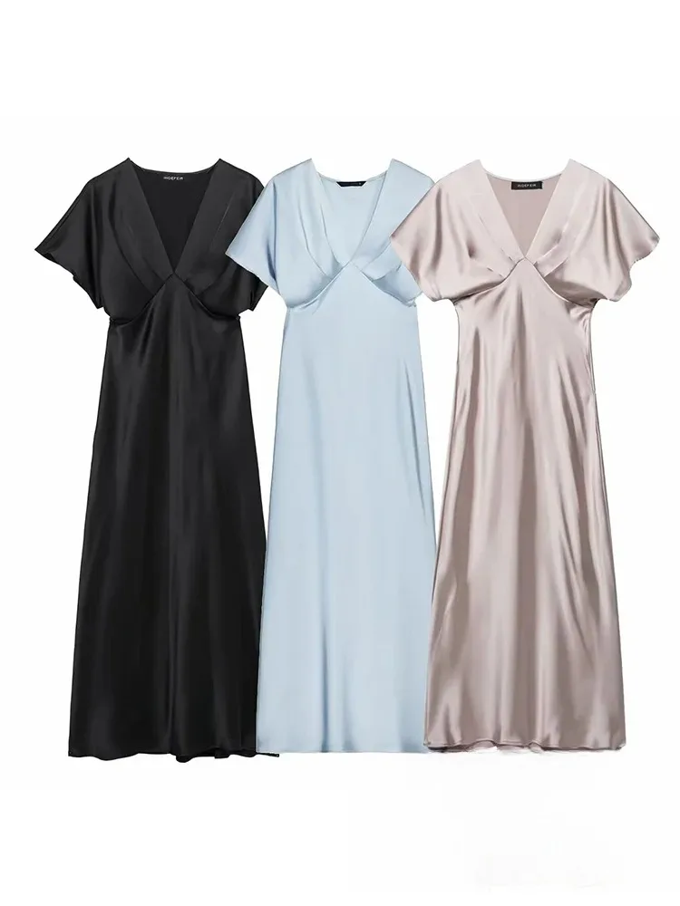 KONDALA Sexy col en V Satin longue robe femmes col en V à manches courtes robe droite mode 2025 printemps été élégant robe de soirée