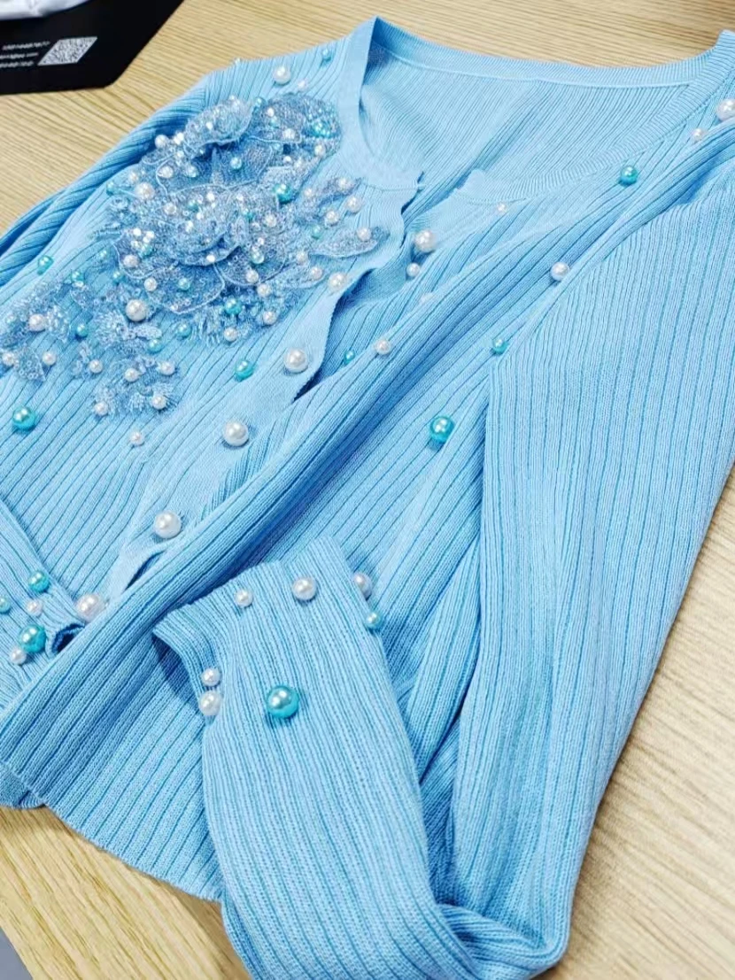 

Unique Luxury Spring Summer Beaded Flowers Stitch Knitwear Short Cardigan Women's Slim Fit Long Sleeve Thin Sweater Coat Tops