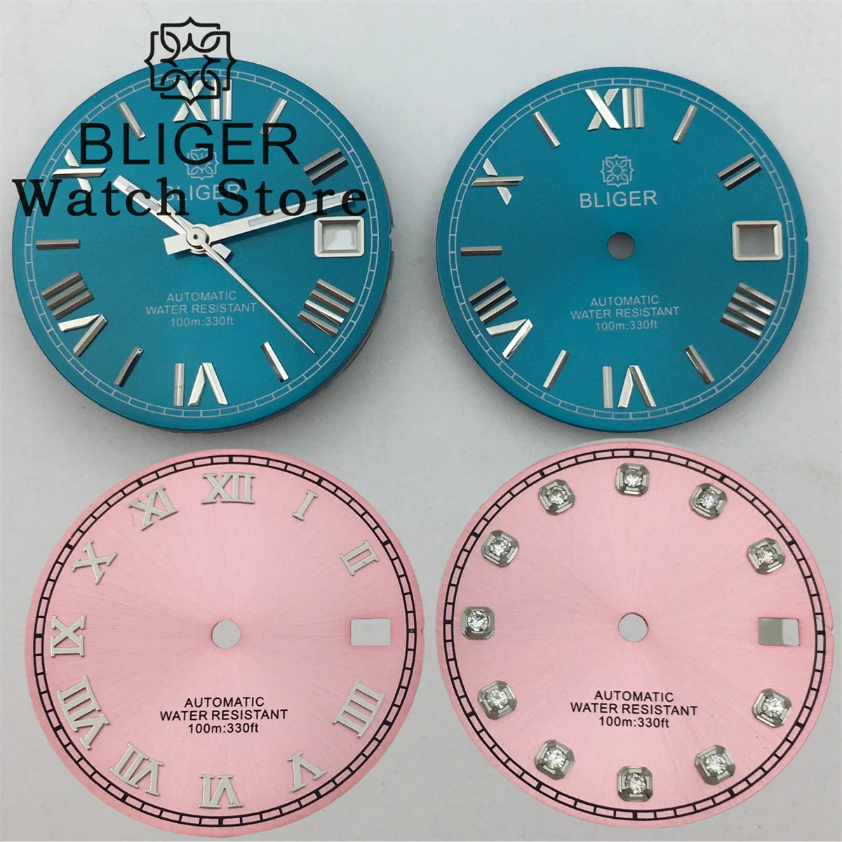 BLIGER NH35 Dial 29mm Pink Blue Dial Roman/Diamond index With Hands Fit NH35 NH36 Movement