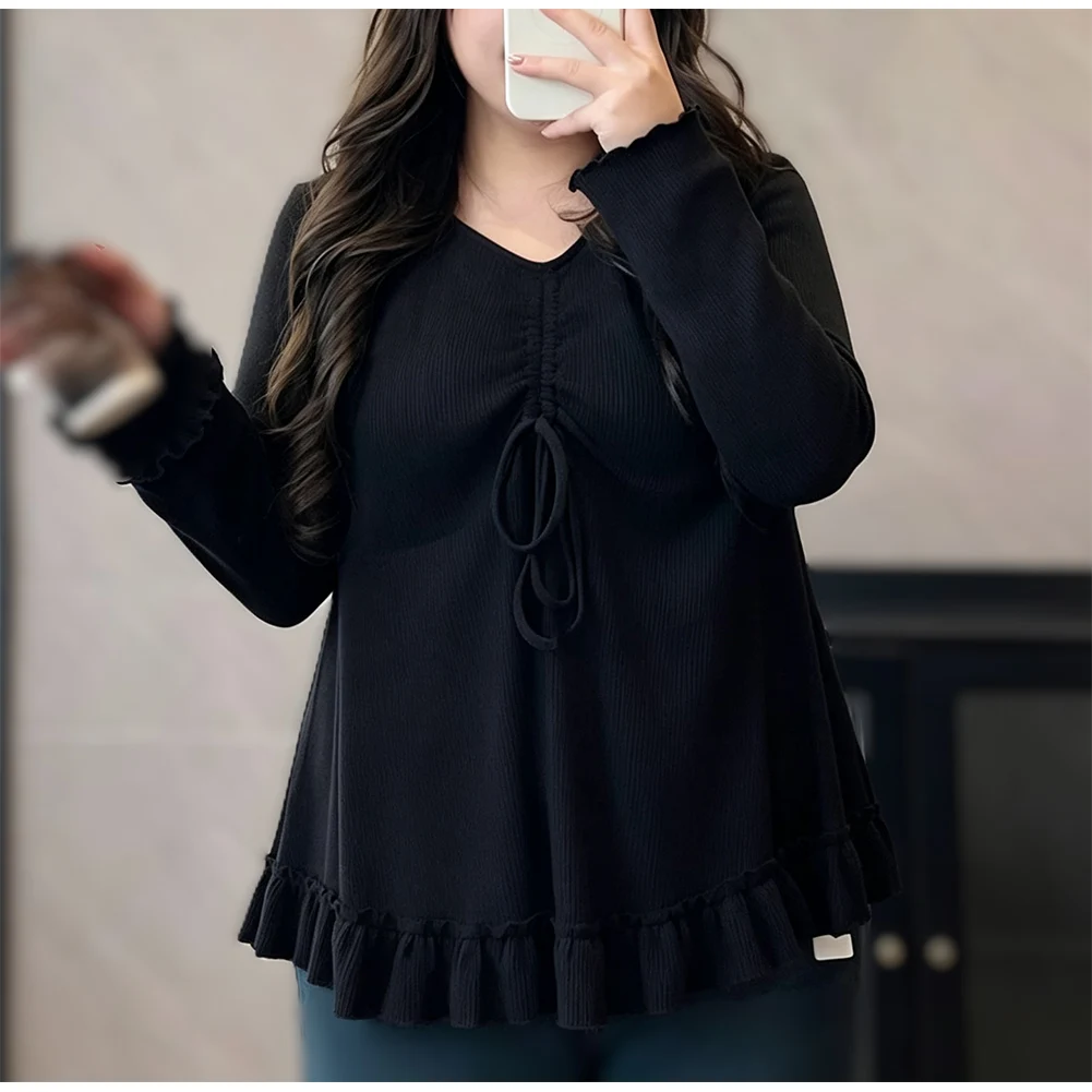 Women Solid Color Loose Drawstring V-Neck Long Sleeve Tops T-Shirt Suitable For Plus Size Spring And Autumn