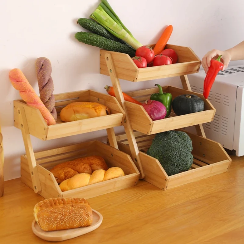 Bamboo Multi-Layer Storage Basket Kitchen Organizer for Fruits and Vegetables Multi-Purpose Draining Shelf