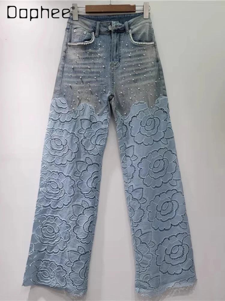 

2025 Summer New Heavy Industry Beads High Waist Wide Leg Pants Women's Clothing Korean Style Light Blue Jeans Streetwear Women