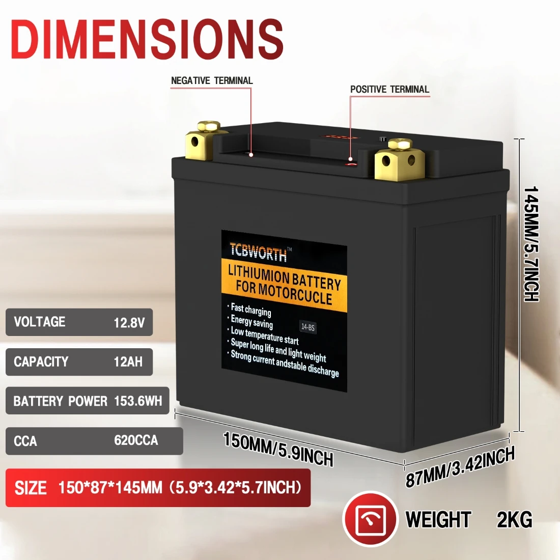 14-BS Lithium-Motorradbatterie 12 V 9 Ah 520 CCA, LiFePO4-Motorstartbatterie, kompatibel mit Traktor, Roller, Generatorbatterie – Detail 1