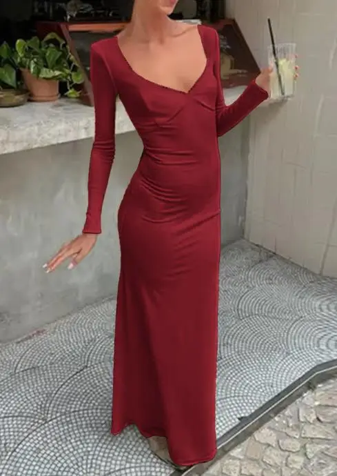 

Sexy Long Dresses V-Neck Waist Bag Hip Tail Dress Autumn New Style Women's Fashion Sexy Slimming Bodycon Dress Long Sleeve Dress