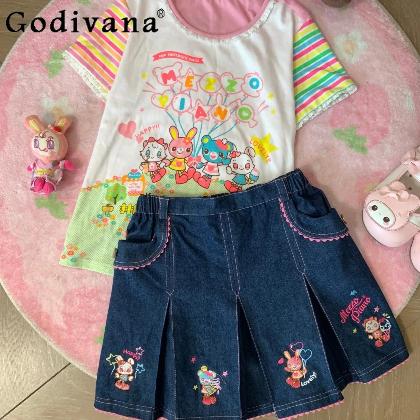 

Original Japanese Soft Girls Kawaii Cartoon Embroidered T-shirt Skirt Outfit Summer New Daughter Cute Clothes Short-sleeved Top