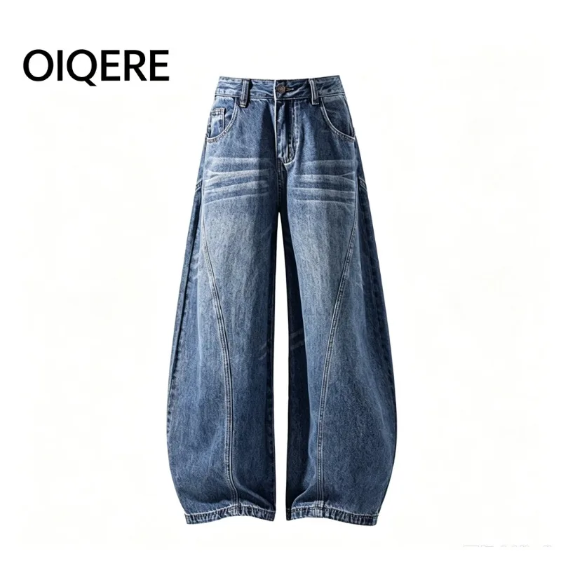 OIQERE Womens American Spliced Curved Cut Jeans 2026 Summer Autumn Loose Vintage Streetwear Denim Pants