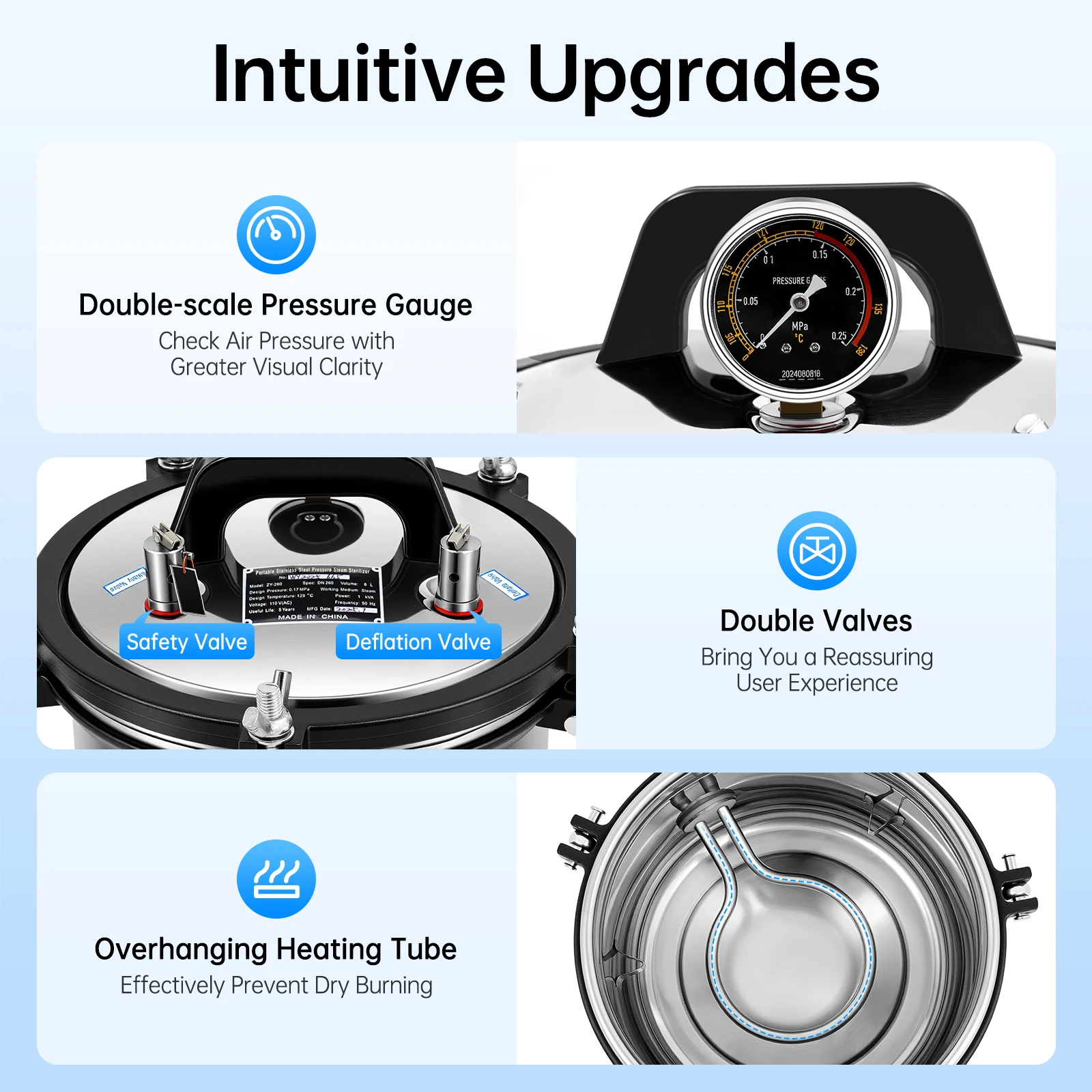Autoclave de laboratoire 1,2 kW 8 L, autoclave à vapeur portable haute température en acier inoxydable 110 V 0,17 MPa 304 pour équipement de laboratoire