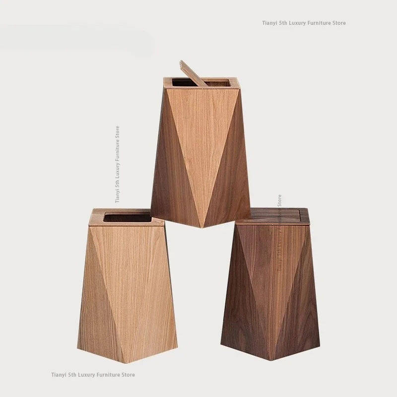 Nordic Polygonal Diamond Faux Wooden Trash Bin High End Covered Large Creative Waste Can For Home Living Room Office Banheiro