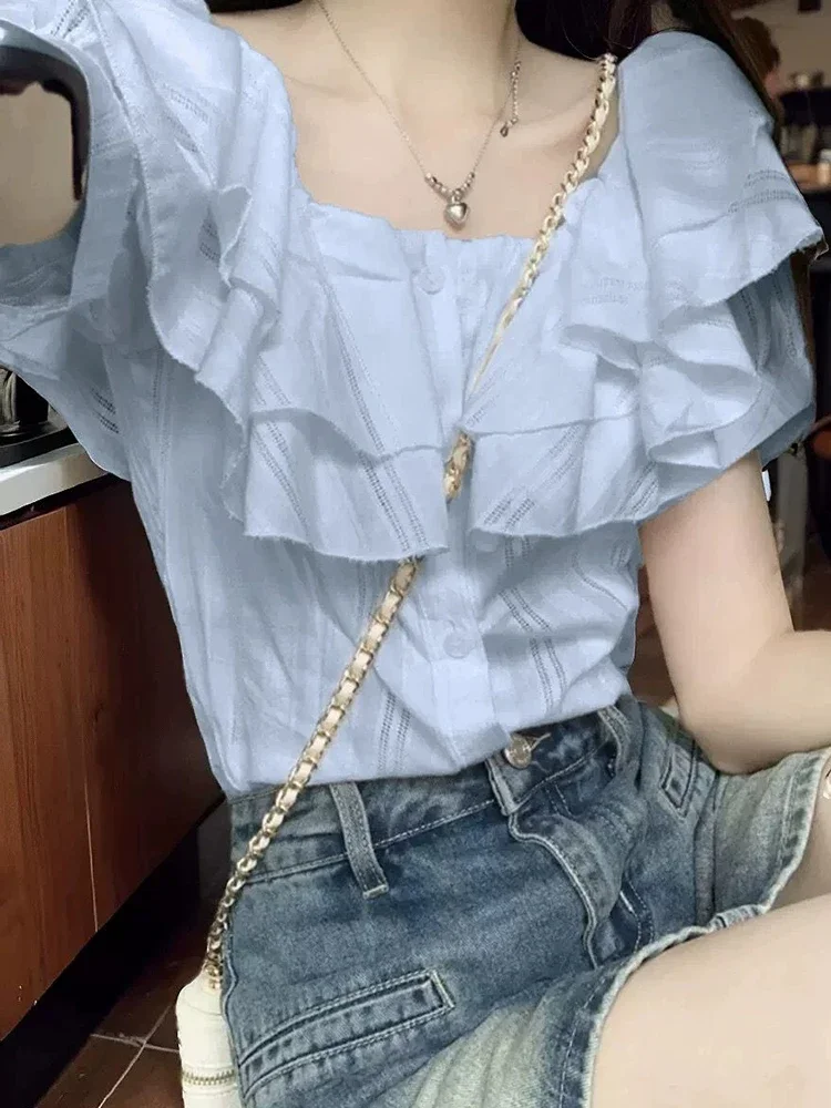 

Shirt Women Casual Short Sleeve Summer Elegant Blouse Korean Female Vintage Sweet Design Tops