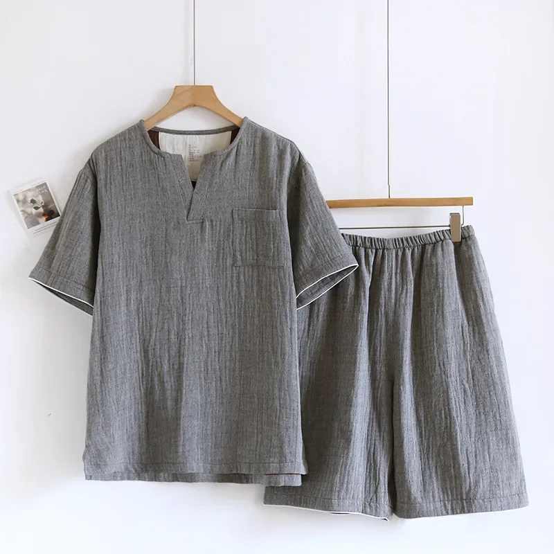 

Cotton Men's Home Clothes Shorts Pajama Set Short Sleeve V-neck Pullover Tops Cotton Color Woven Men Sleepwear Clothes