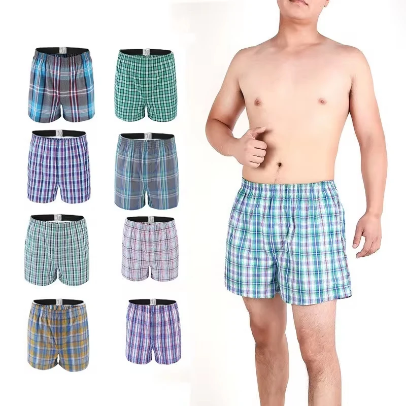 5pcs men\'s underwear pure cotton men\'s shorts breathable checkered woven Boxer men\'s underwear plus size pajamas sleepwear home