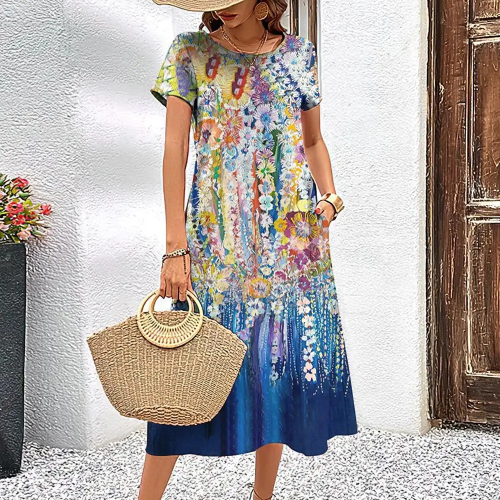 2024 Summer Latest Women's Fashion Print Street Trend Round Neck Sweet And Fresh Flowers Solid Colors Suitable For Beach Dresses