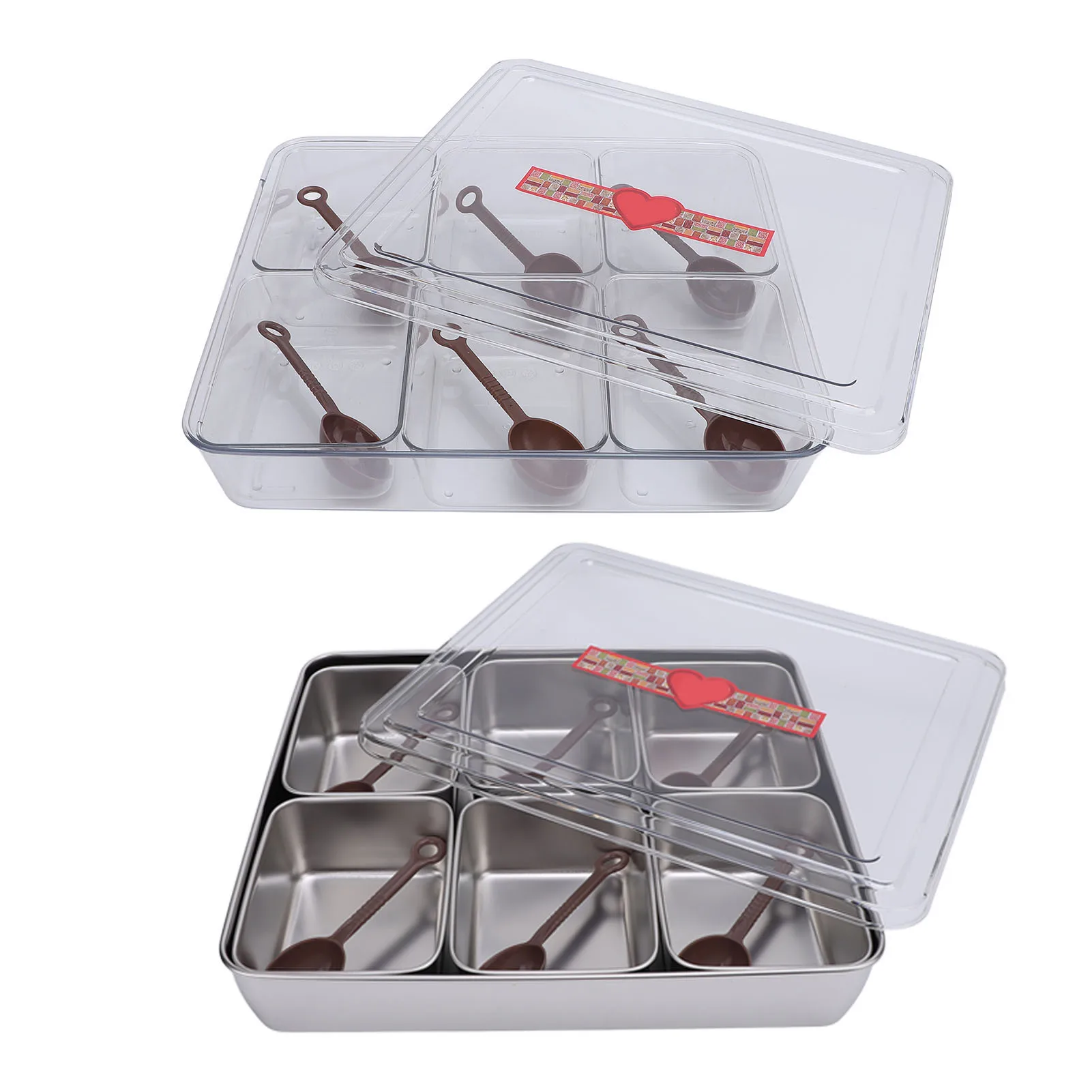 

Condiment Dispenser Divided Serving with 6 Spoons Tray 6 Compartments Kitchen Fruit Storage Container Seasoning Spice Box