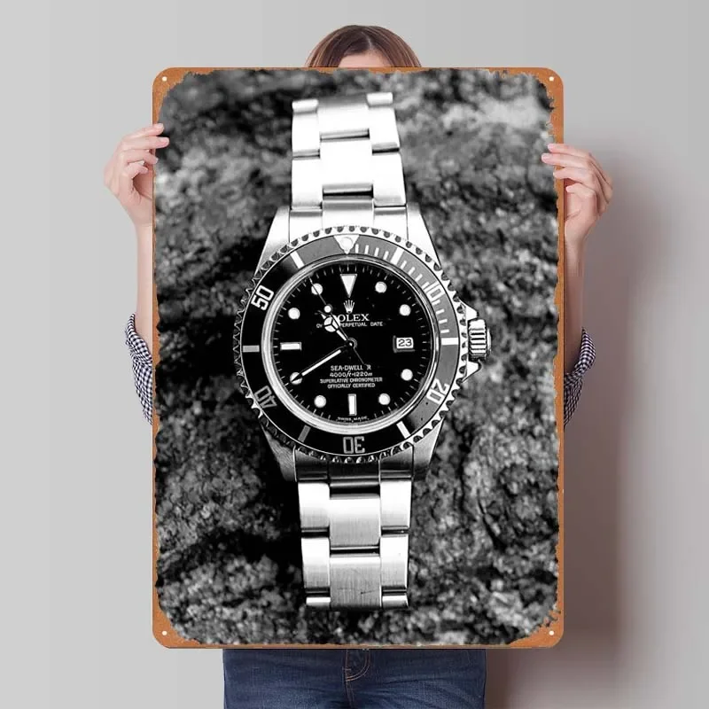 Часы Rolex Sea Dweller, жестяная вывеска, постер, украшение дома, роскошная металлическая вывеска, табличка для настенного художественного украшения, человек, пещера, ретро