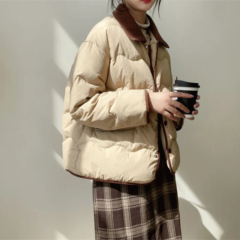 겨울 여성 느슨한 코튼 자켓 여성 새로운 대비 색 패치 워크 옷깃 자켓 한국어 간단한 두꺼운 따뜻한 긴 소매 파카