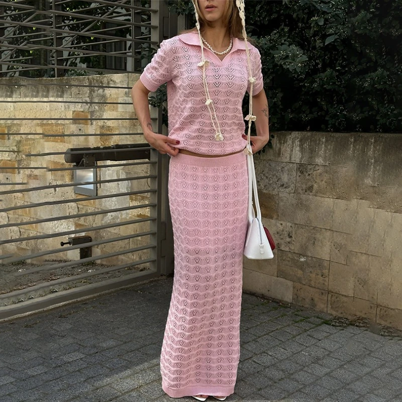 

TARUXY Leisure Knitted Skirt Set Women's Hollow Out Lapel Short-Sleeved T-Shirt Long Skirt Suit Summer New Commuting Female Set