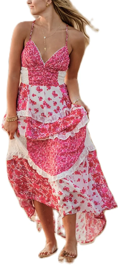 ผู้หญิงฤดูร้อนโบฮีเมียนวันหยุดชุดยาวดอกไม้พิมพ์สปาเก็ตตี้ Cami ชุดแฟชั่น V คอชุดลําลอง S M L
