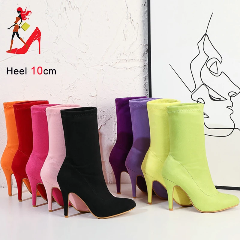 2023 Autumn Winter Sock Short Boots Lady Mid-Calf Thin High Heels Large Size 46 Fashion Women Shoes Elastic Flock Pointed Boots