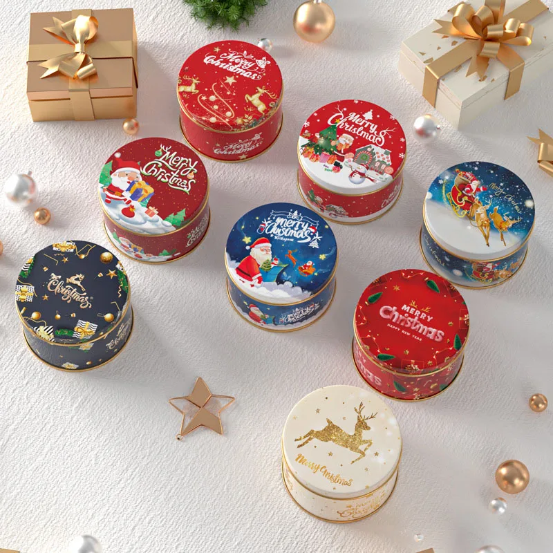 Christmas Round Tinplate Candy Box Empty Cookie Tin Tin Box Storage Box Biscuit Can Iron Can Home Storage Box Christmas Gift