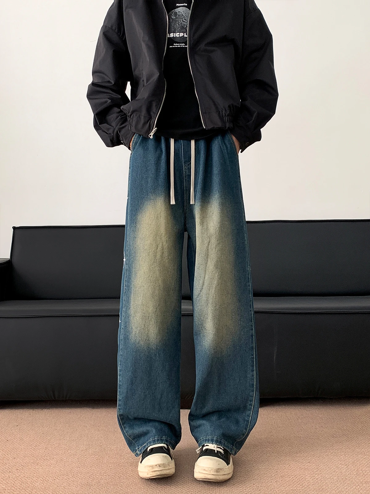 Plones vaqueros hoados de estilo japonés Retro para hombre, plones largos de pierna ancha con cordón versátiles inf...