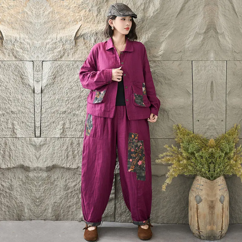 Spring Autumn 2026 New Retro Cotton Linen Printed Stitching Coat Plus Size Slim Elastic Waist Casual Harem Pants Suit