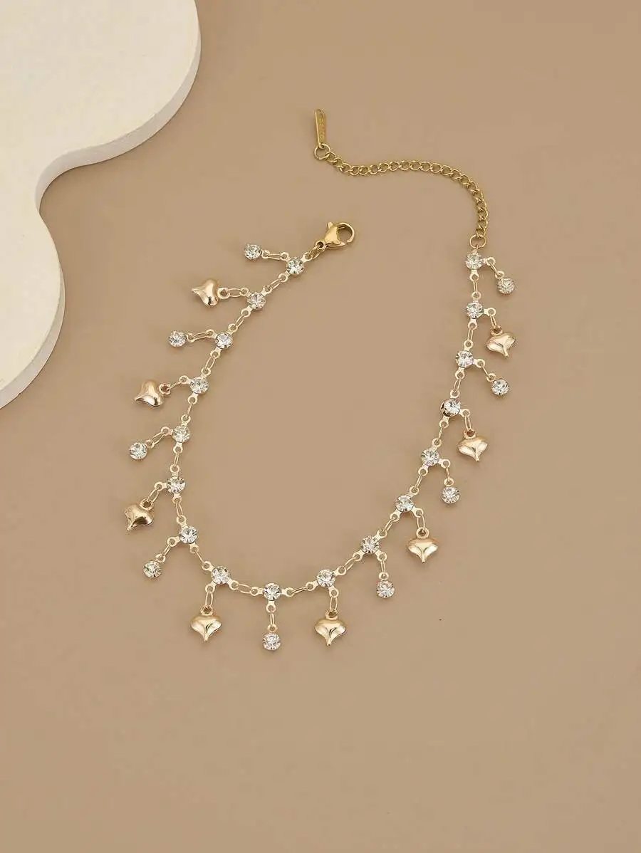 

Sparkling Crystal Heart Stainless Steel Beach Anklet For Women