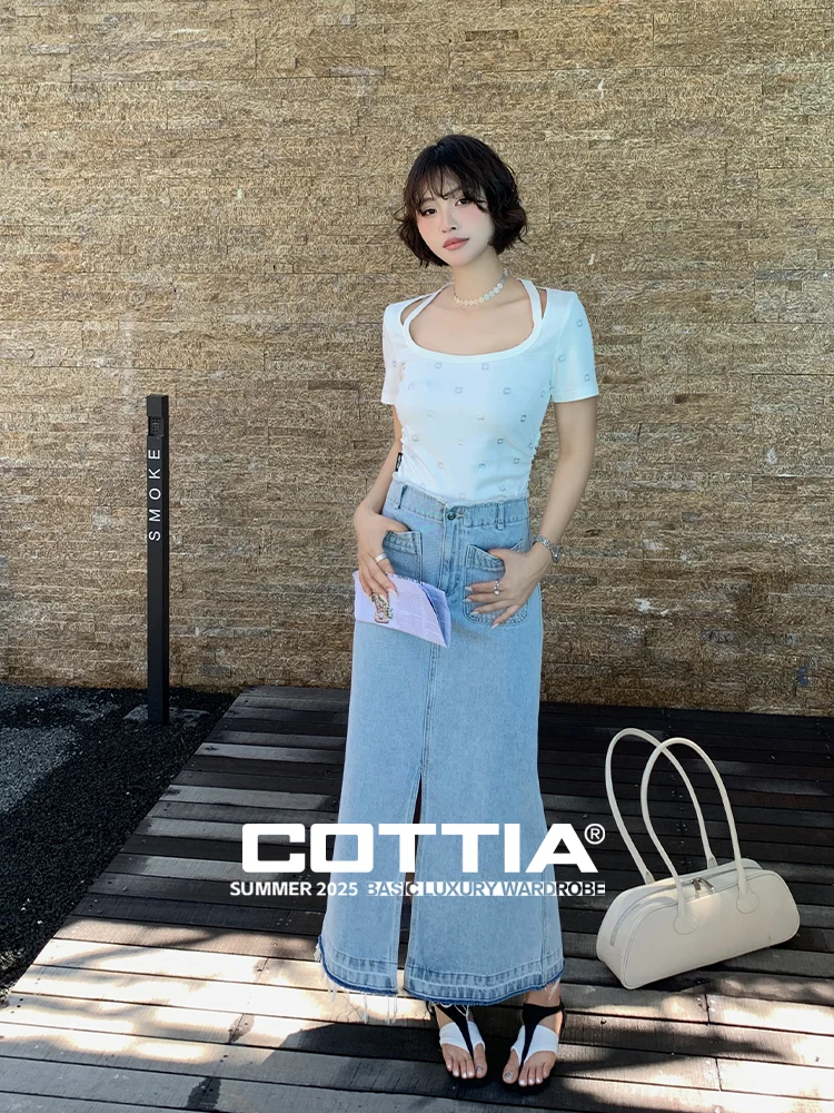 

COTTIA Summer Commute Faion Thin Front Split Mid-Length Denim Skirt Women Casual Long Skirt New Sle Creative Persona...