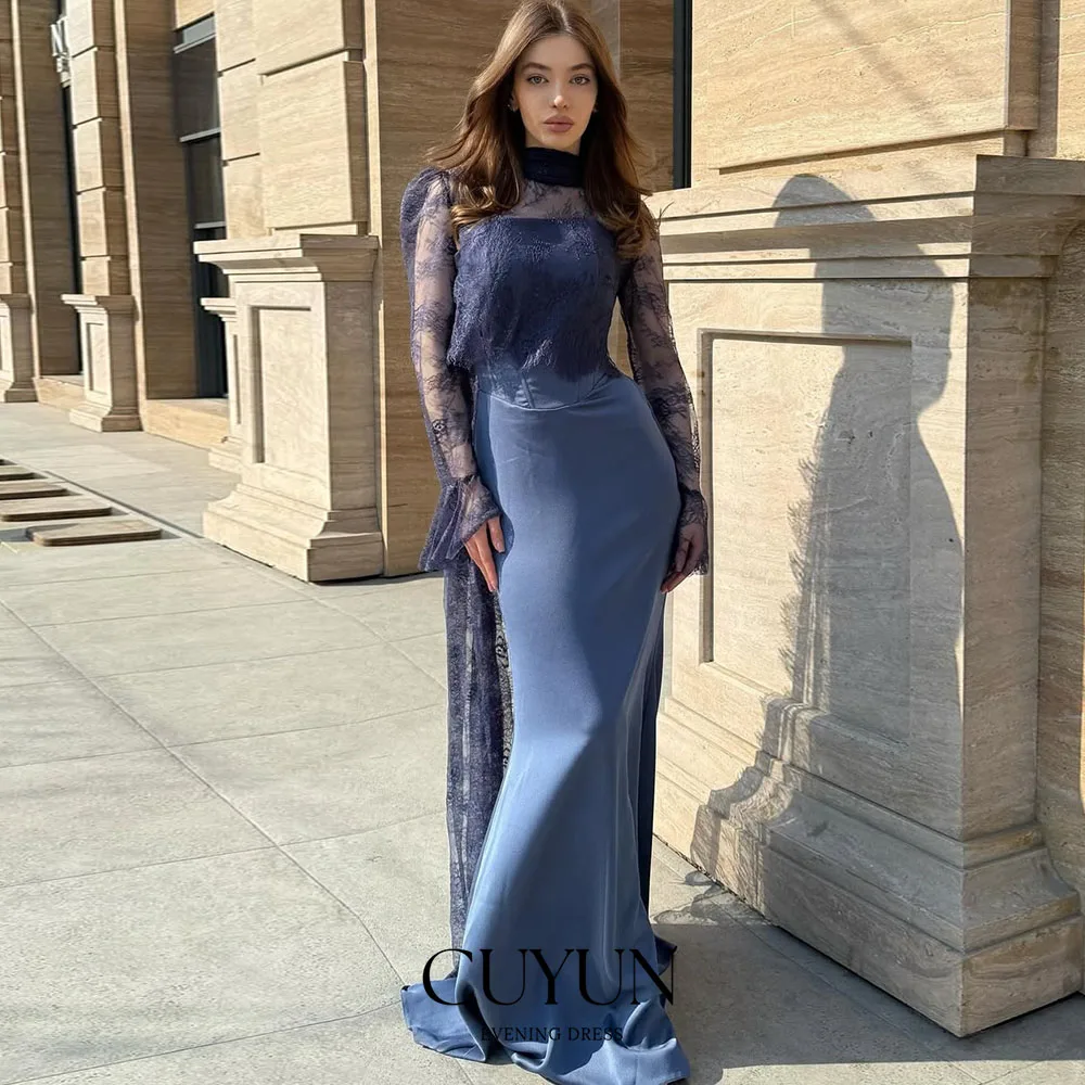 

CUYUN Navy Blue Semi-Mermaid Women Evening Dresses with Lace Shawl Customized Long Sleeves Formal Event Dresses for Wedding