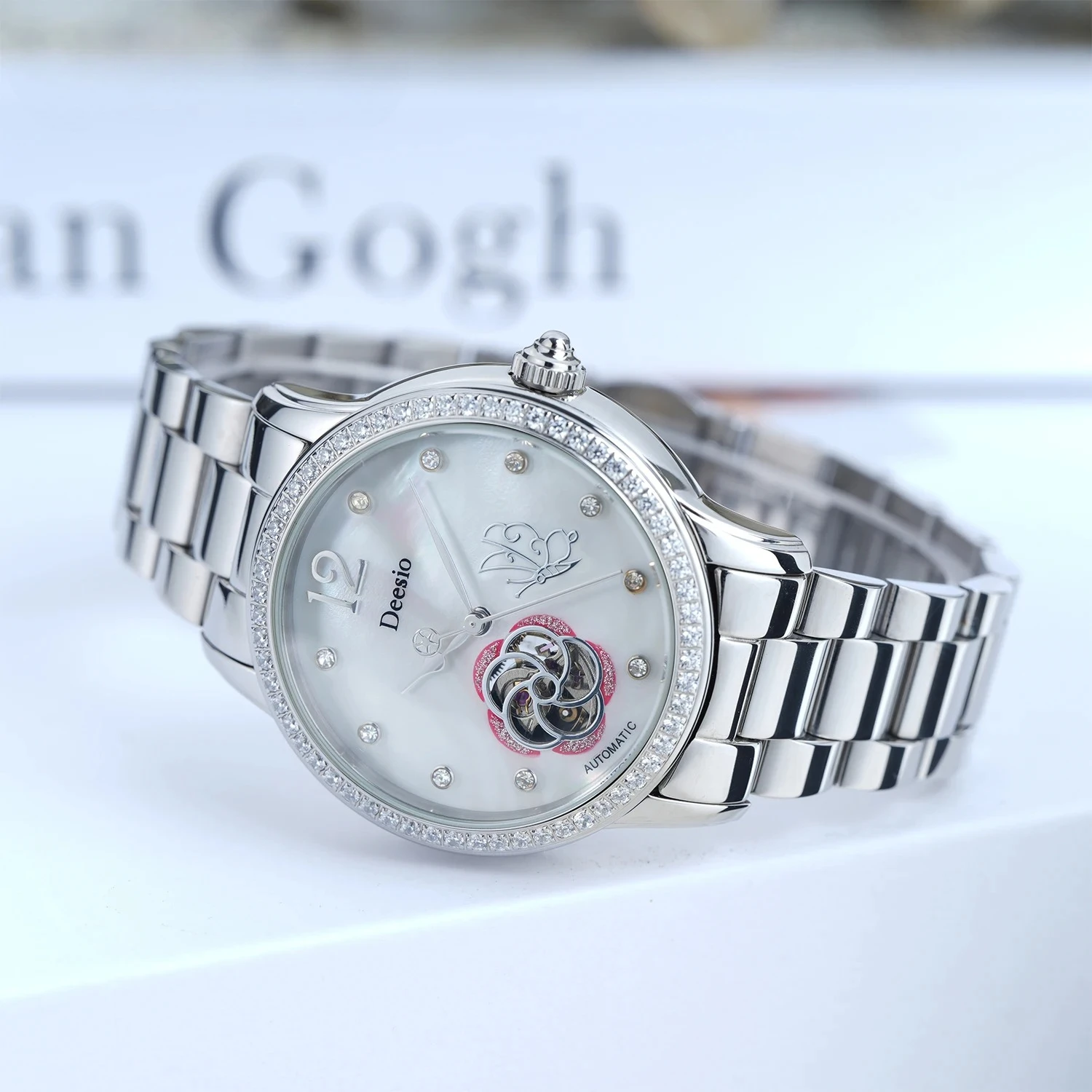 Deesio Luxury Women's Mechanical Watch, Hollow Dial, Stainless Steel Band Wristwatch, Valentine's Day Gift, Anniversary Present