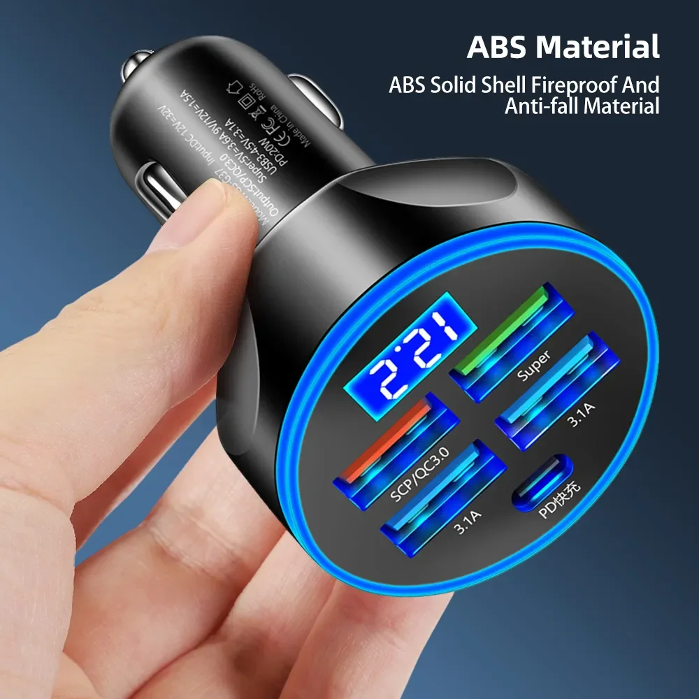 5 Port USB Car Charger PD Type C 250W Super Fast Charger Led Digital Display Charger For Audi Golf For Passat Bmw Car supplies