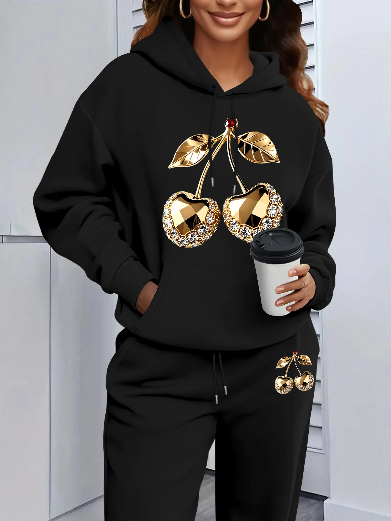 2026 new Women Gold Cherry Print Hoodie Sweatpants 2Pcs Set, Elastic Soft Fabric Casual Tracksuit Daily Wear Sport Outfit