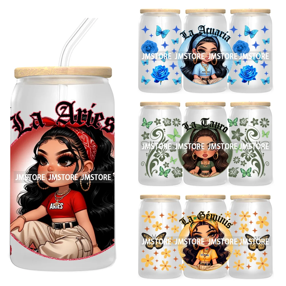 

Chicana Chola Zodiac Chibi Latina Girls 16OZ UV DTF Cup Wrap Transfer Stickers Waterproof For Libbey Glass Can Horoscope Signs