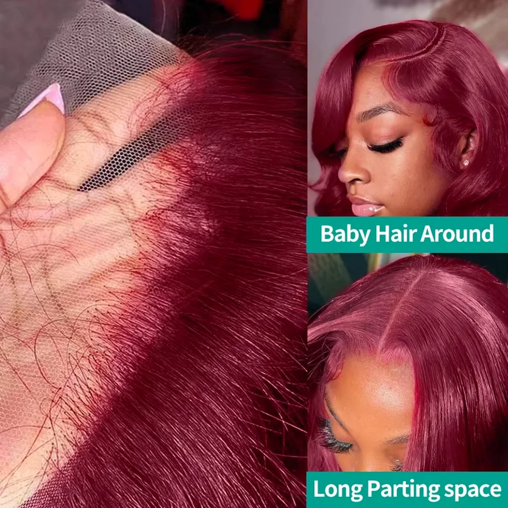 99J Burgundy Red 34 Inch Body Wave Lace Front Wigs 13x4 HD Transparent Human Hair Pre Plucked Dark Burgundy 99J Colored Wig 13x6 Lace  Wigs Pre-Plucked Body Wave Hairstyle For Women view 5
