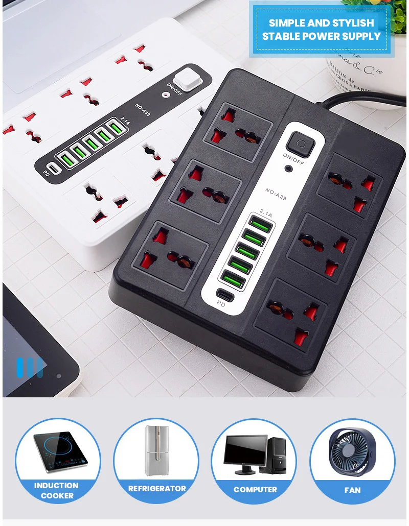 Smart Multi Jack With Usb Charging Power Strip Universal Fast Charge Socket Extension Cable Charger Long Line Wiring Board