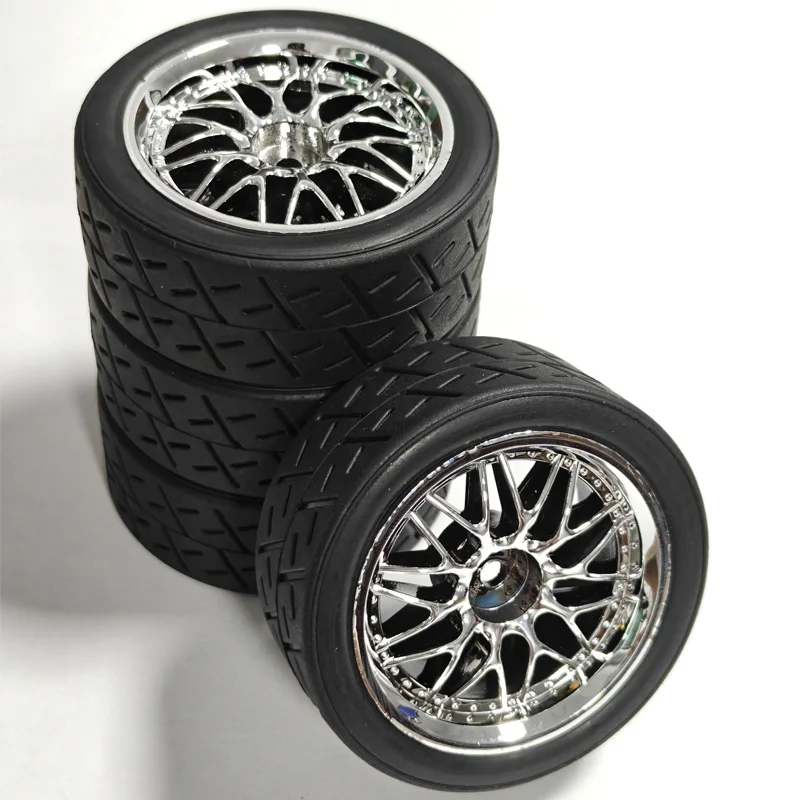 4-Piece Set of High-Grip, Durable, Upgraded RC Car Tires and Rims (12mm Hex), Compatible with Tamiya TT01/TT02/XV01, HPI WR8 etc