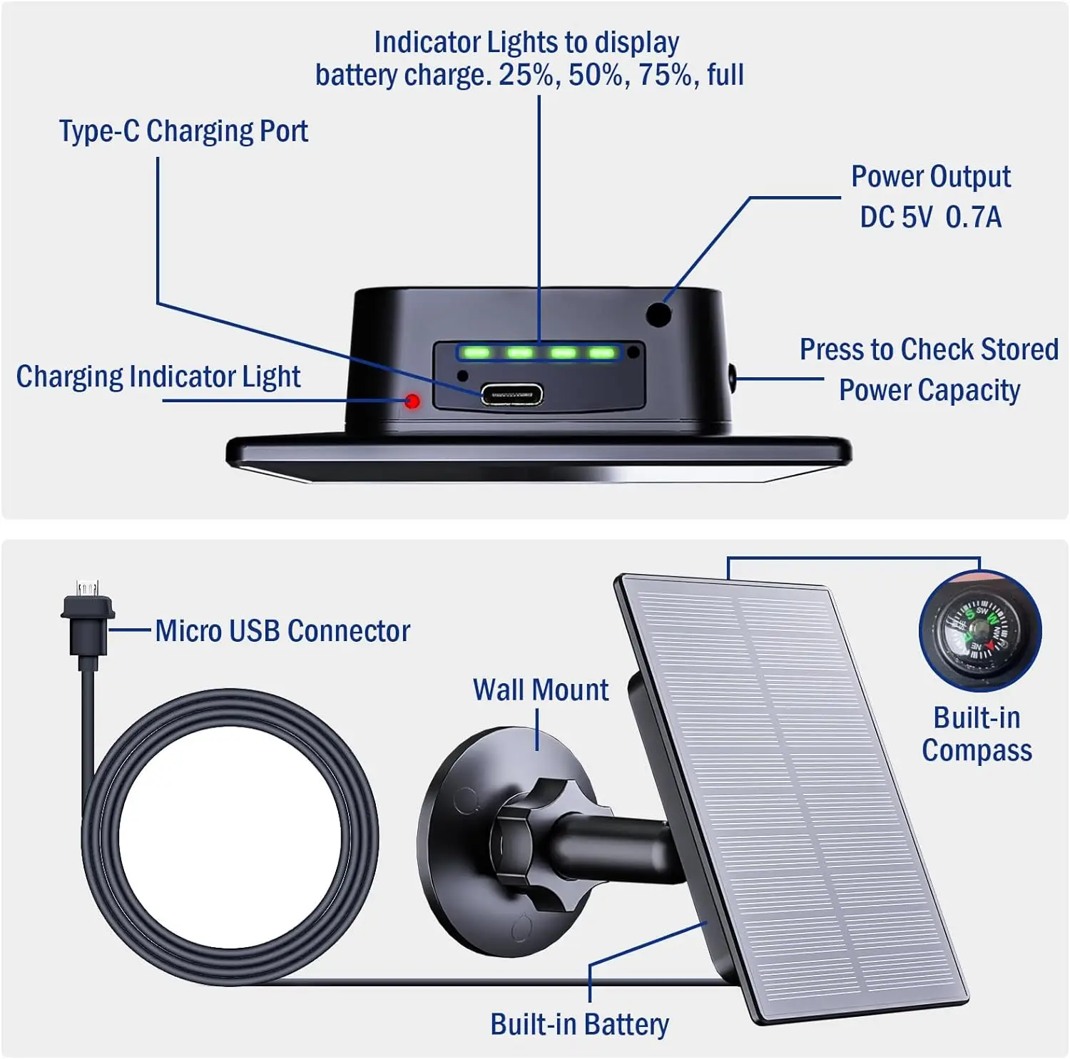 Panneau solaire extérieur pour appareil photo Blink 2W 5V USB panneau solaire 5200mah batterie compatible avec appareil photo Blink xt2 / XT câble de 9,8 pieds